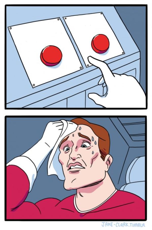 Two Buttons meme about Mini Katana