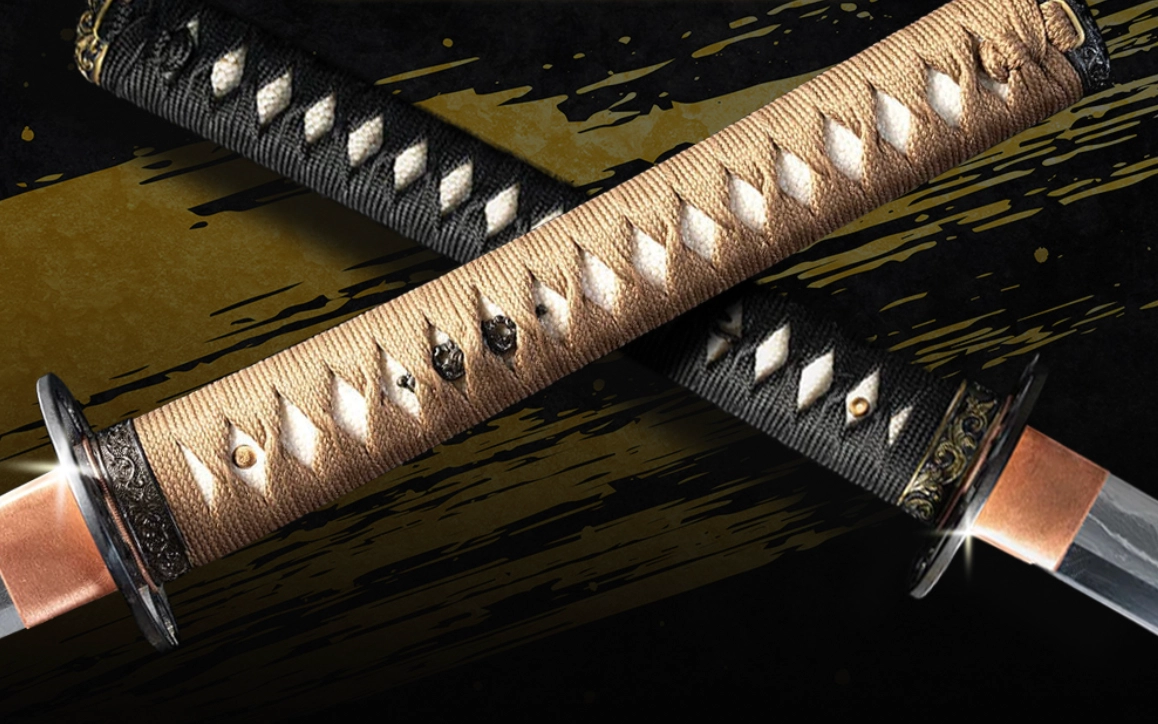 Two katana handles with wrapped grips crossed over each other